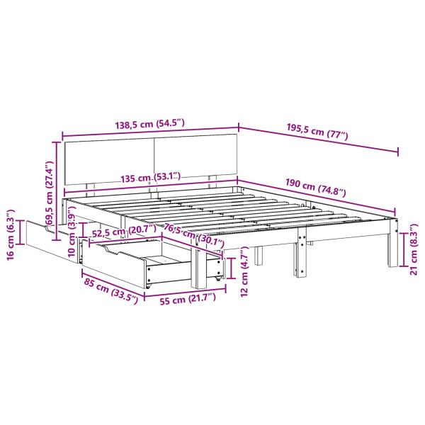 Bettrahmen mit Kopfteil 3 pcs Wachsbraun Massivholz Kiefer