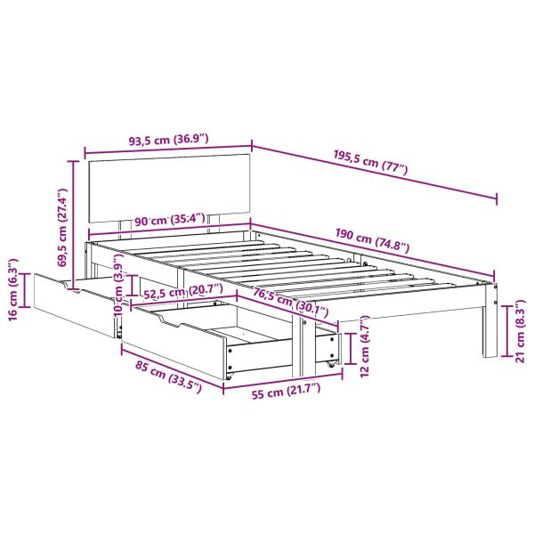 Bettrahmen mit Kopfteil 3 pcs Wachsbraun Massivholz Kiefer