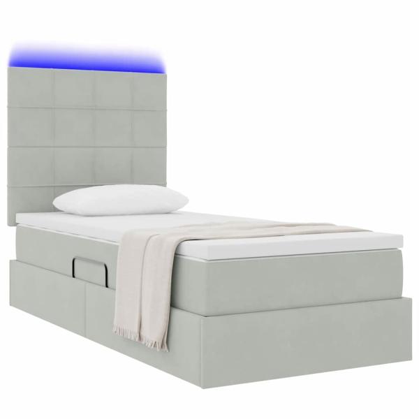 Bett mit Stauraum und LED mit LED Hellgrau 90 x 190 cm Samt