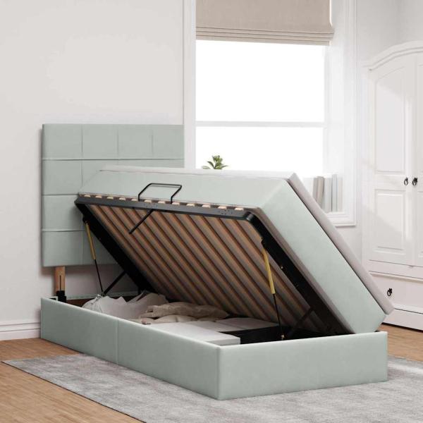 Bett mit Stauraum und LED mit LED Hellgrau 90 x 190 cm Samt