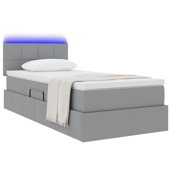 Bett mit Stauraum und LED mit LED Hellgrau 90 x 190 cm Stoff