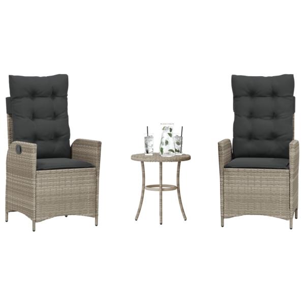 ARDEBO.de - 3-tlg. Bistro-Set mit Kissen Hellgrau Poly Rattan