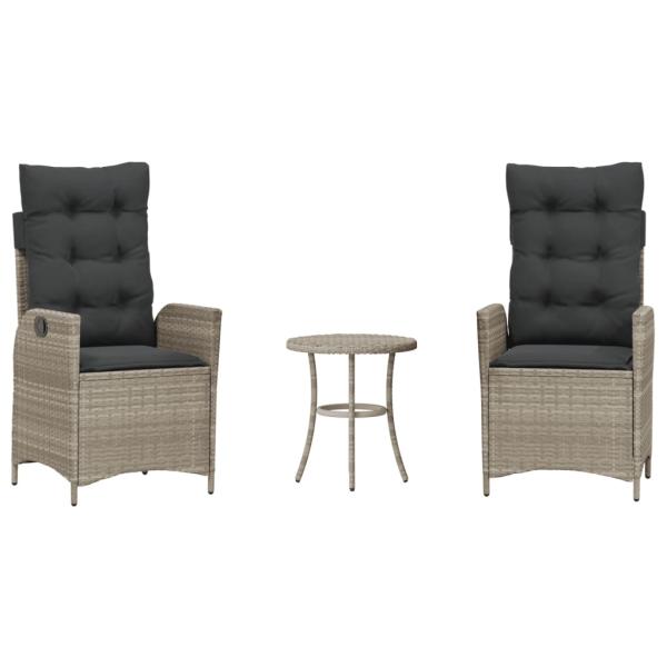 3-tlg. Bistro-Set mit Kissen Hellgrau Poly Rattan
