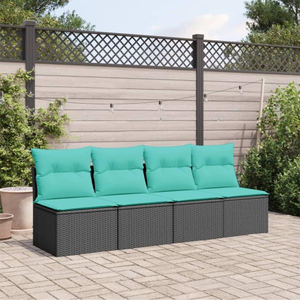 Gartensofa mit Kissen 4-Sitzer Schwarz Poly Rattan