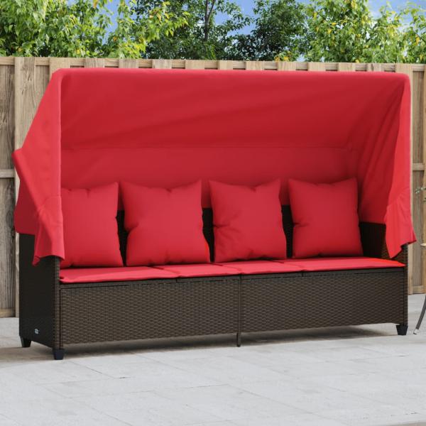 ARDEBO.de - Sonnenliege mit Dach und Kissen Braun Poly Rattan