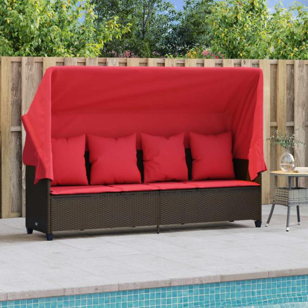 Sonnenliege mit Dach und Kissen Braun Poly Rattan