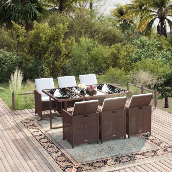 ARDEBO.de - 7-tlg. Garten-Essgruppe mit Kissen Poly Rattan Braun