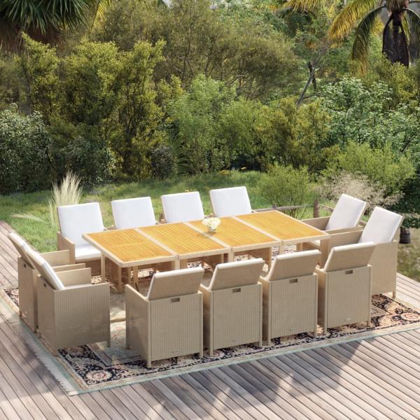 ARDEBO.de - 13-tlg. Garten-Essgruppe mit Kissen Poly Rattan Beige