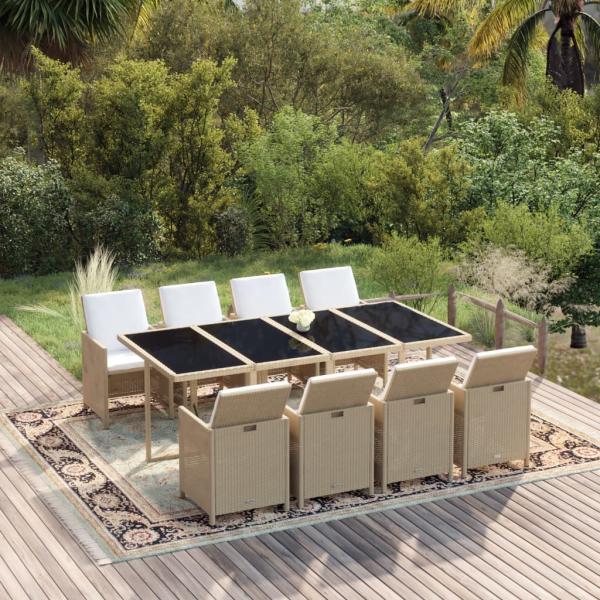 ARDEBO.de - 9-tlg. Garten-Essgruppe mit Kissen Poly Rattan Beige