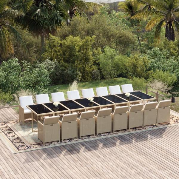 ARDEBO.de - 17-tlg. Garten-Essgruppe mit Kissen Beige Poly Rattan