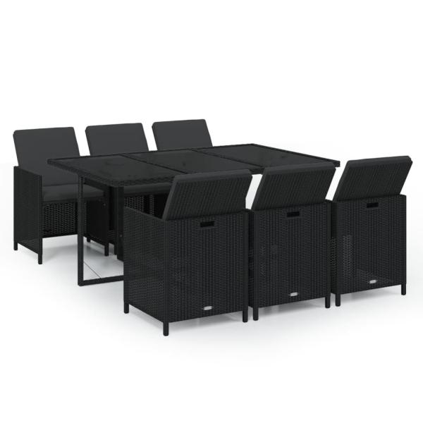 7-tlg. Garten-Essgruppe mit Kissen Poly Rattan Schwarz