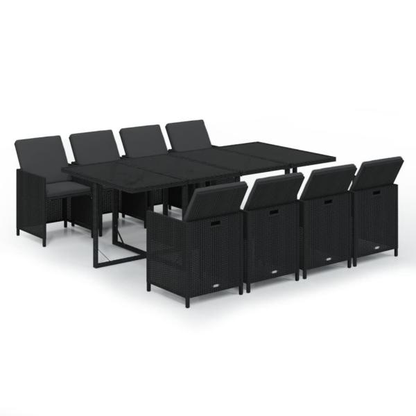 9-tlg. Garten-Essgruppe mit Kissen Poly Rattan Schwarz