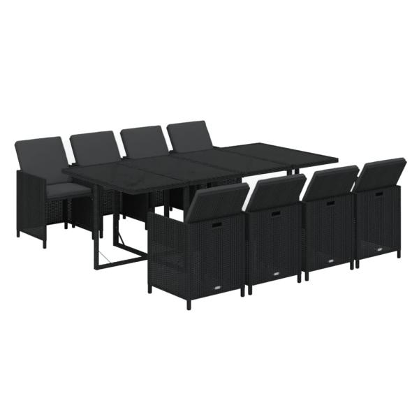 9-tlg. Garten-Essgruppe mit Kissen Poly Rattan Schwarz