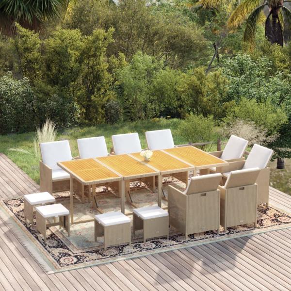 ARDEBO.de - 13-tlg. Garten-Essgruppe mit Kissen Poly Rattan Beige
