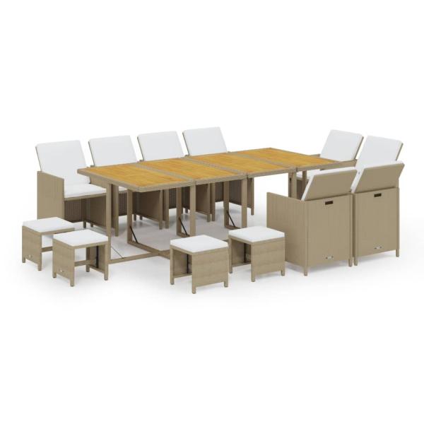 13-tlg. Garten-Essgruppe mit Kissen Poly Rattan Beige
