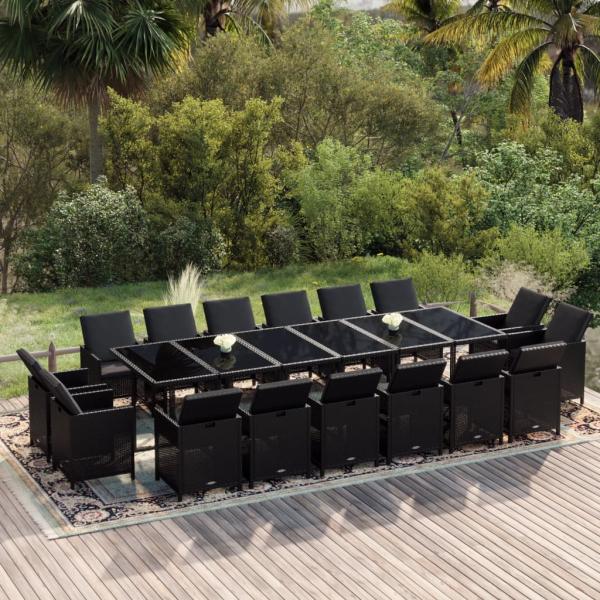 ARDEBO.de - 17-tlg. Garten-Essgruppe mit Kissen Poly Rattan Schwarz