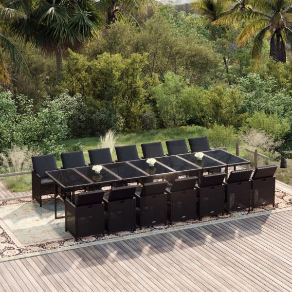 ARDEBO.de - 15-tlg. Garten-Essgruppe mit Kissen Poly Rattan Schwarz