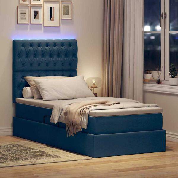 LED-Speicherbett mit Matratze Blau 90 x 190 cm Stoff