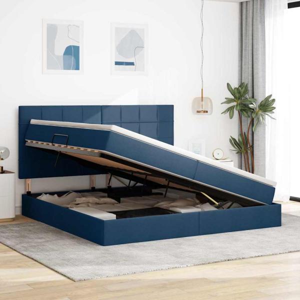 Aufbewahrungsbett mit Matratze Blau 200 x 200 cm Stoff