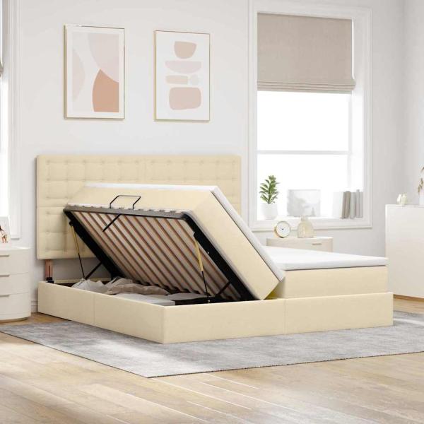 Aufbewahrungsbett mit Kopfteil Creme 200 x 200 cm Stoff