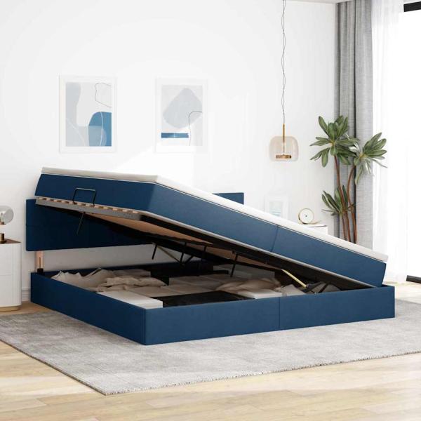 LED-Speicherbett mit Matratze Blau 200 x 200 cm Stoff