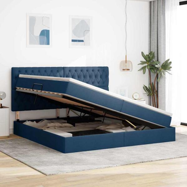 LED-Speicherbett mit Matratze Blau 200 x 200 cm Stoff