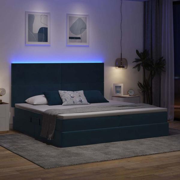 LED-Speicherbett mit Matratze Dunkelblau 200 x 200 cm Samt