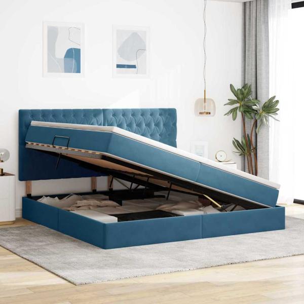 LED-Speicherbett mit Matratze Dunkelblau 200 x 200 cm Samt