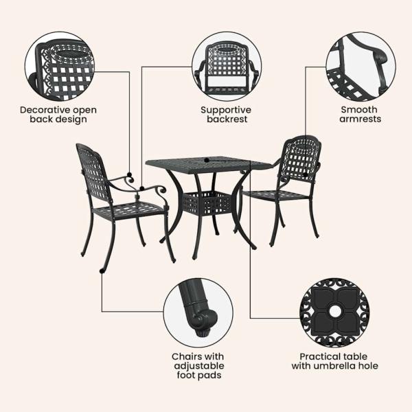 Gartentisch Set 3 pcs Schwarz Gussaluminium