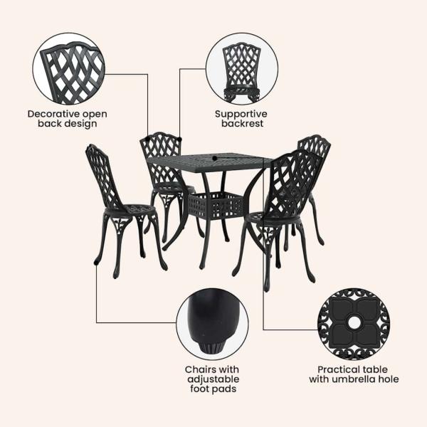 Gartentisch Set 5 pcs Schwarz Gussaluminium