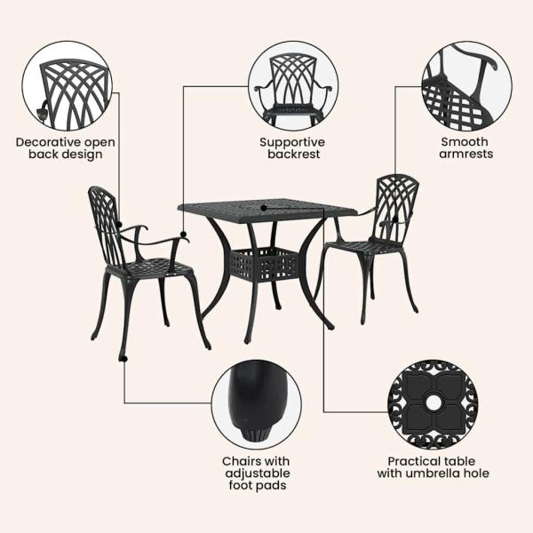 Gartentisch Set 3 pcs Schwarz Gussaluminium