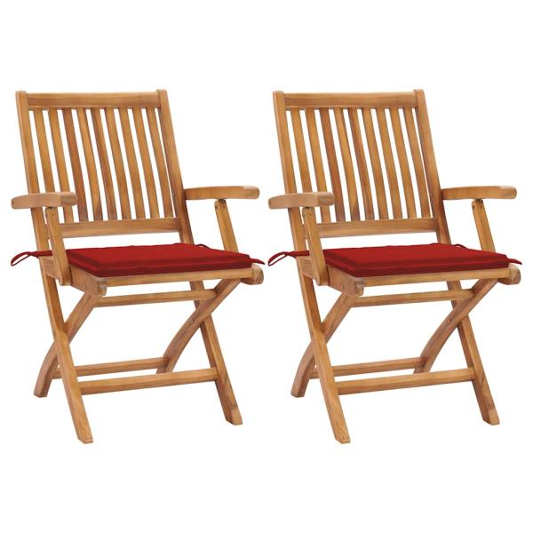 Gartenstühle 2 Stk. mit Roten Kissen Teak Massivholz
