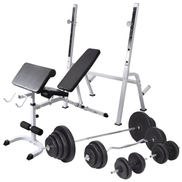 Hantelbank mit Ablage, Langhantel und Kurzhantel-Set 120 kg