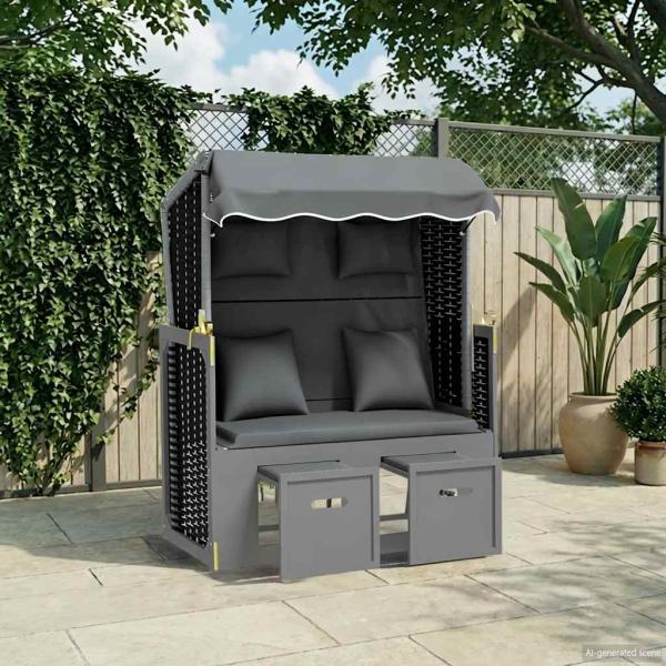 ARDEBO.de - Strandkorb mit Kissen Poly Rattan Massivholz Anthrazit Schwarz