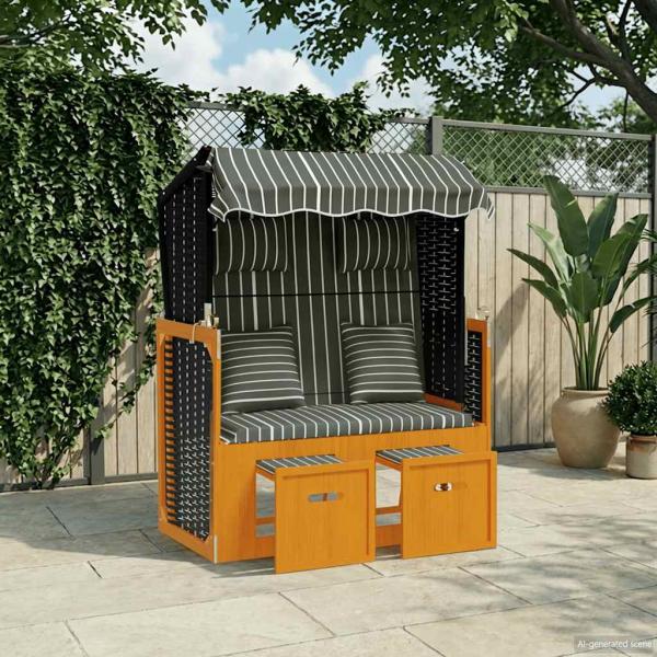 ARDEBO.de - Strandkorb mit Kissen Poly Rattan & Massivholz Schwarz & Grau