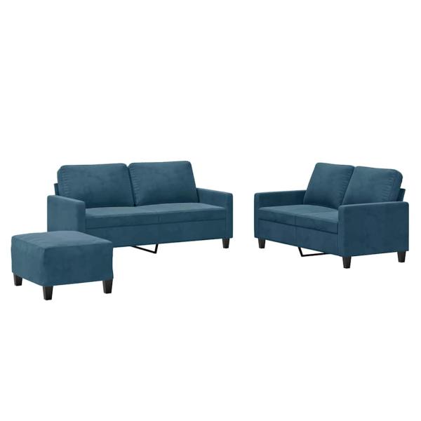3-tlg. Sofagarnitur mit Kissen Blau Samt