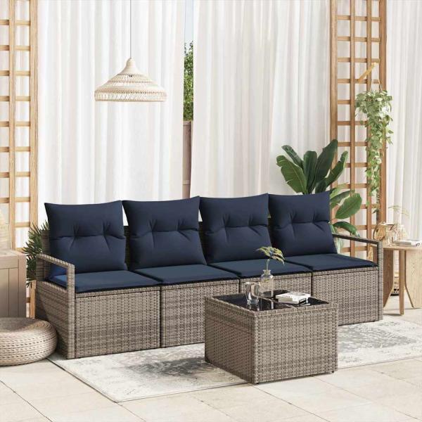 ARDEBO.de - Sofa Set 5 pcs Grau und Blau Poly-Rattan