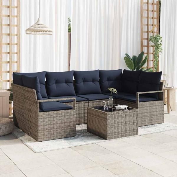 ARDEBO.de - Sofa Set mit Kissen 7 pcs Grau und Blau Poly Rattan