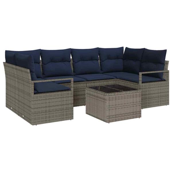 Sofa Set mit Kissen 7 pcs Grau und Blau Poly Rattan