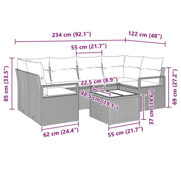 Sofa Set 7 pcs Schwarz und Blau Poly-Rattan