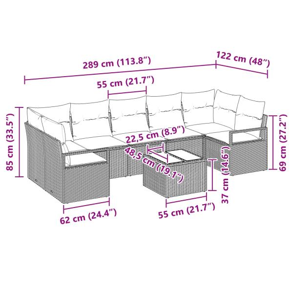 Sofa Set 8 pcs Grau Poly-Rattan