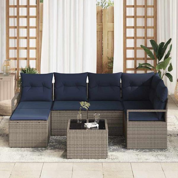 Sofa Set mit Kissen 7 pcs Grau Poly Rattan