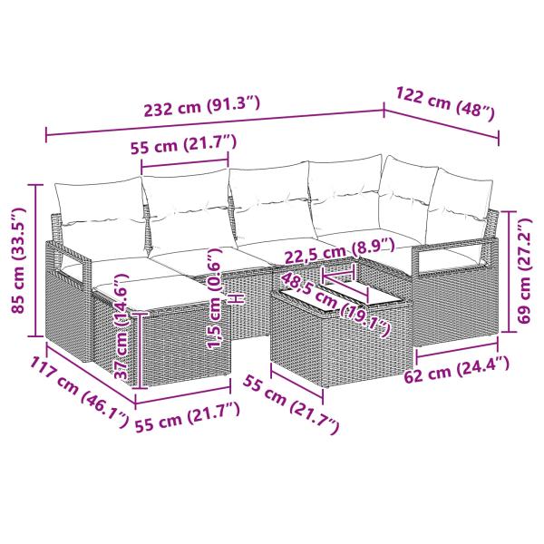 Sofa Set mit Kissen 7 pcs Grau Poly Rattan