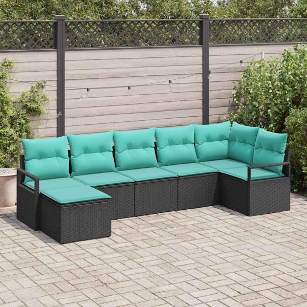 Sofa Set mit Kissen 7 pcs Schwarz Poly Rattan
