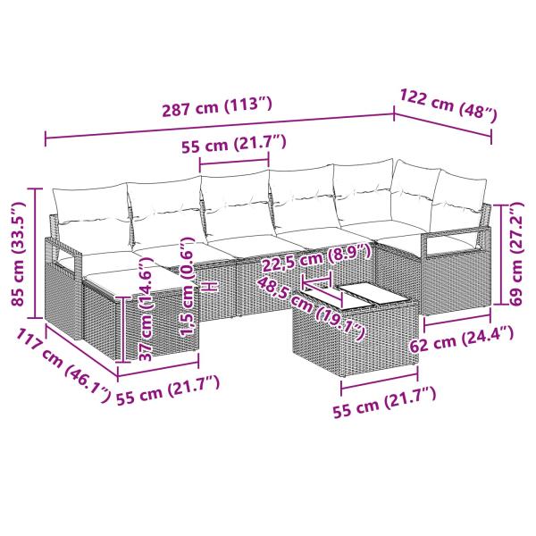 Sofa Set mit Kissen 8 pcs Grau Poly Rattan
