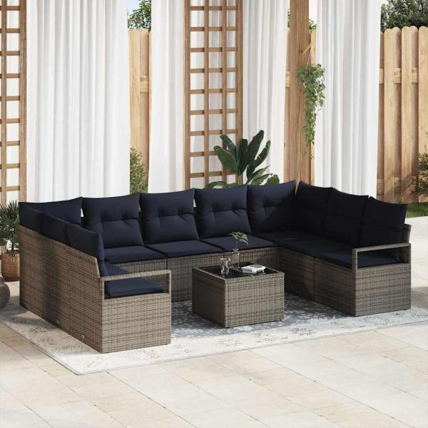 Sofa Set mit Kissen 10 pcs Grau Poly-Rattan