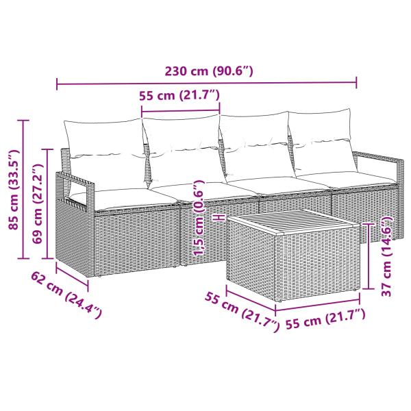 Gartensofa-set mit Kissen 5 pcs Grau Poly-Rattan