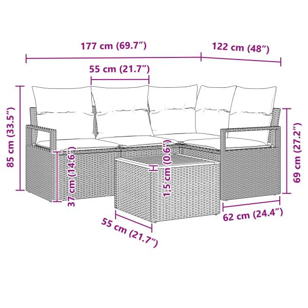 Gartensofa-set mit Kissen 5 pcs Grau Poly-Rattan