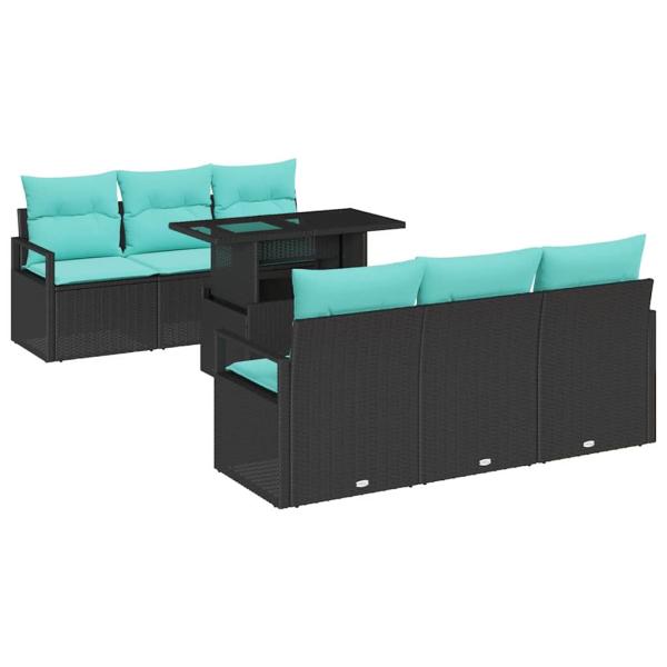 Gartensofa-set mit Speicher 7 pcs Schwarz und Blau Poly-Rattan