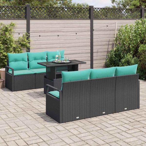 Gartensofa-set mit Speicher 7 pcs Schwarz und Blau Poly-Rattan
